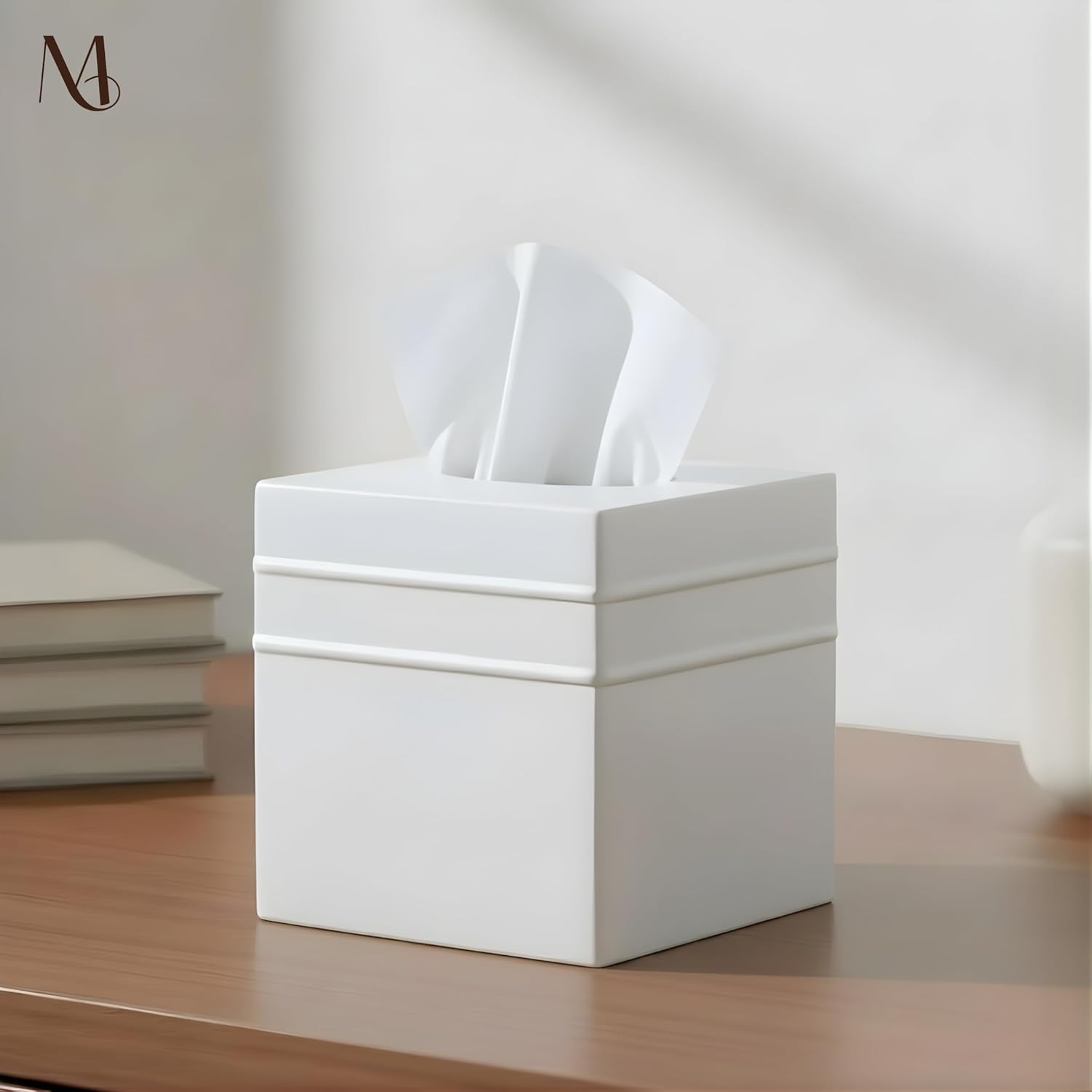 Monarch Abode Tissue Box Cover Square – Handcrafted Border Embossed White Metal Tissue Holder Box for Bathroom Accessory, Aesthetic Decorative Facial Napkin Cube for Modern Home Decor Border Embossed Classic White