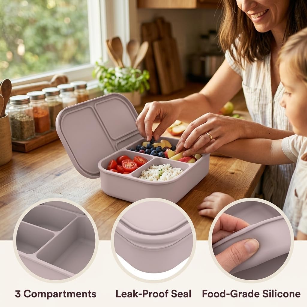 Silicone Bento Lunch Box, 3-Compartment Collapsible, Leak-Resistant Seal image 3