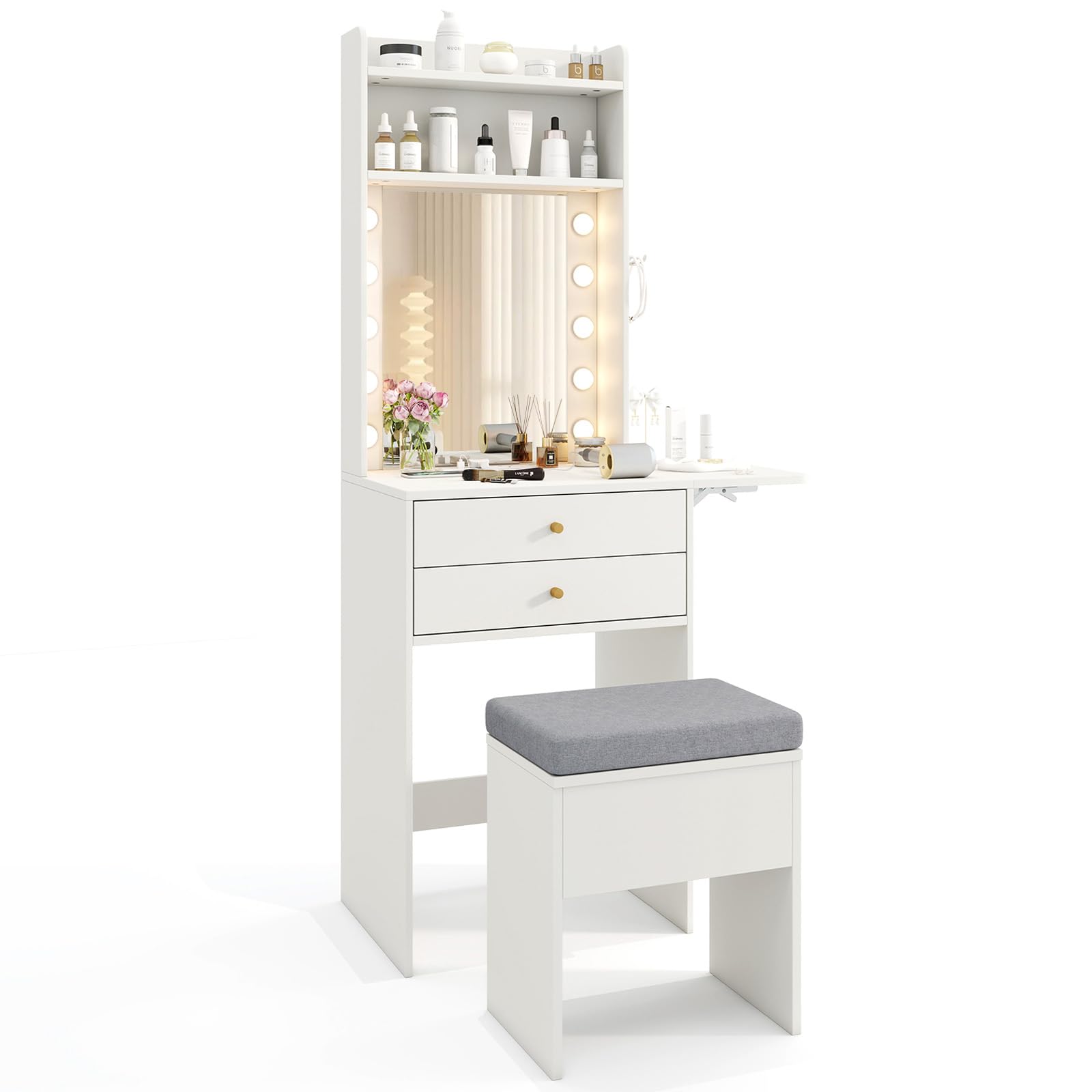 HOMASIS Toeletta Trucco con Sgabello, Mobile Trucco con Specchio e Luce Regolabile a Tre Colori, Postazione Make Up con Tavoletta Pieghevole, Prese Elettriche, 1 USB-A e 1 USB-C, Bianco