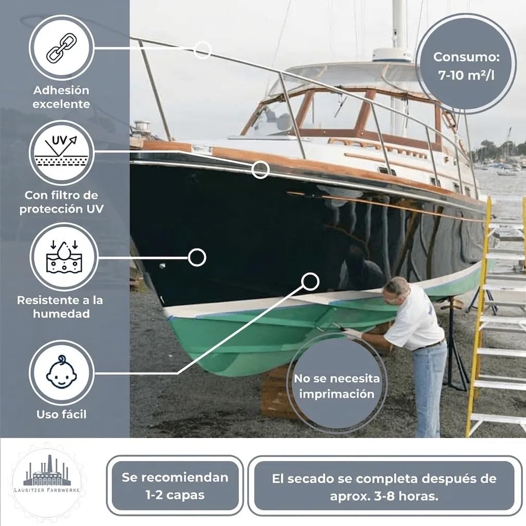 barniz marino tradicional 2K kit para GFK/Poliéster/Plástico incl. Endurecedor barniz marino brillante Pintura para barcos Pintura yates 2 componentes (10 L, Azul cielo RAL 5015) Lausitzer Farbwerke