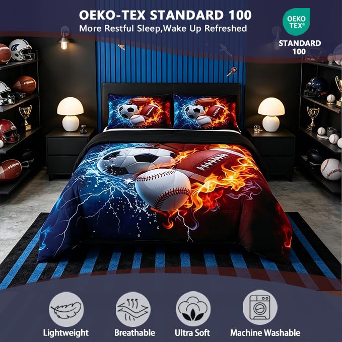 Image of Feelyou Boys Sports Comforter Set Full Size Football Baseball Soccer Bedding Set Basketball Duvet Quilt for Kids Boys Bedroom Ball Game Sports Decor Microfiber Ultra Soft Breathable