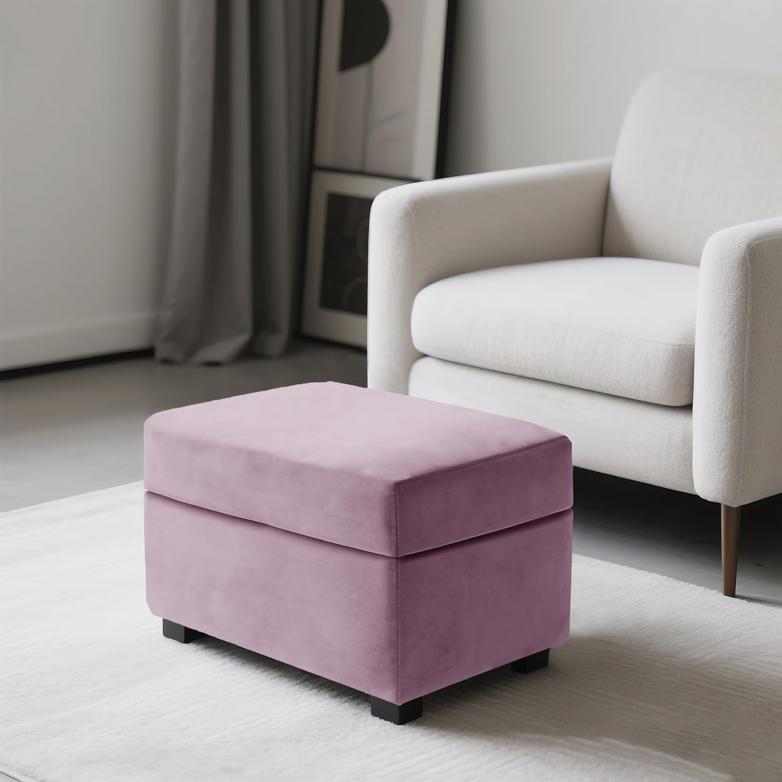 SYLC Ottoman Cover Stretch Velvet, Footstool Cover and Pouffe Cover Non-slip with Elastic Bottom/ties, Slipcover for Folding Storage Poofy Foot Stool (Pink,Rectangular Ottoman+Seat)
