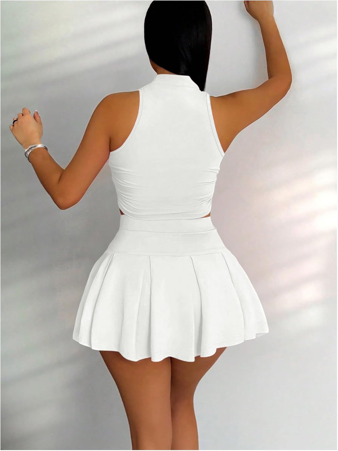 Women's 2 Piece Tennis Skirt Set Sleeveless Racerback Crop Tank Tops High Waisted Pleated Mini Skirt Outfits - Image 3