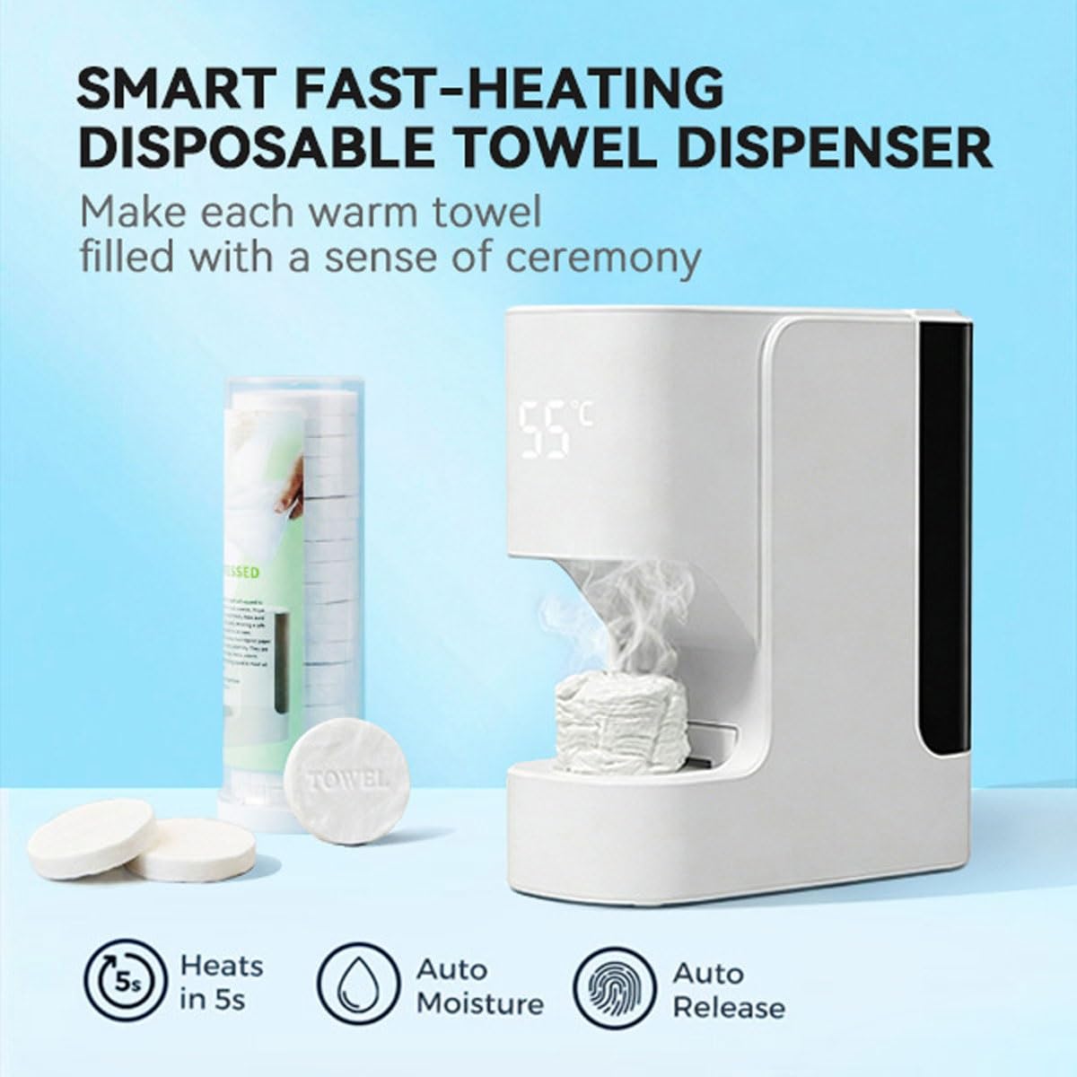 Dispenser Automatico Di Asciugamani Caldi, Scalda Asciugamani Compresso Automatico con 20 Asciugamani Compressi, Riscaldamento In 3 Secondi E Temperatura Costante Di 55°C, Sistema Di Comando Vocale