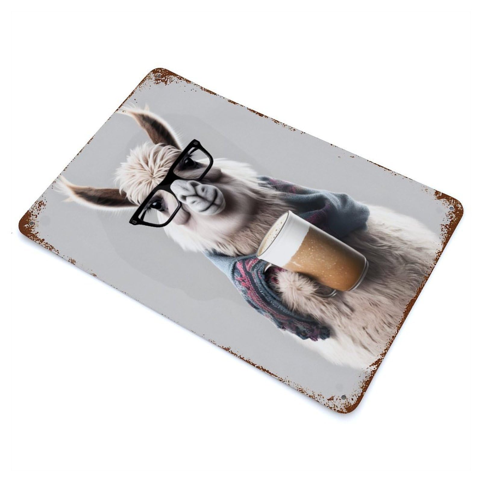Rust Effect Cute Llama And Expresso Weathered Tin Sign 11.8"x7.9", Shabby Chic Decor for Patio, Garden Room And Bar Decor