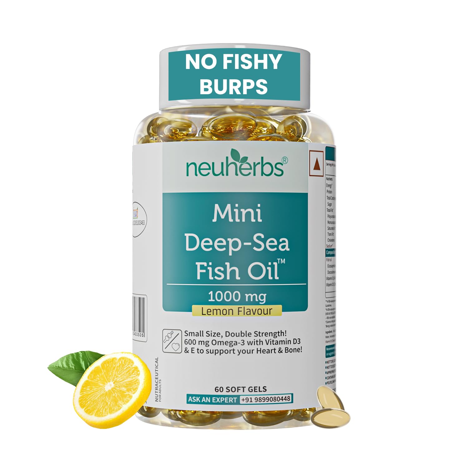 Neuherbs Mini Deep Sea Omega 3 Fish Oil Capsules 1000mg Supplement | EPA - 360mg, DHA - 240mg | With Vitamin E & D3 | Suppots Heart, Brain, Muscle & Joint Health| Lemon Flavour - 60 Softgels