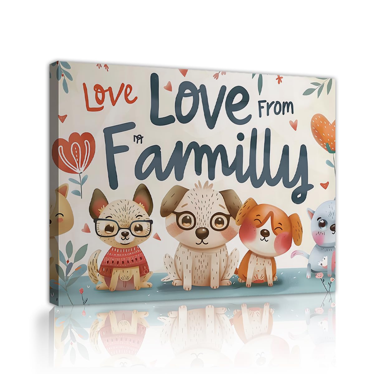YUNART Cute Cartoon Dogs Canvas Wall Art with Love from Familly Print Funny Puppy Pet Animal Picture Painting for Nursery Living Room Decor 35x45cm Innerframe