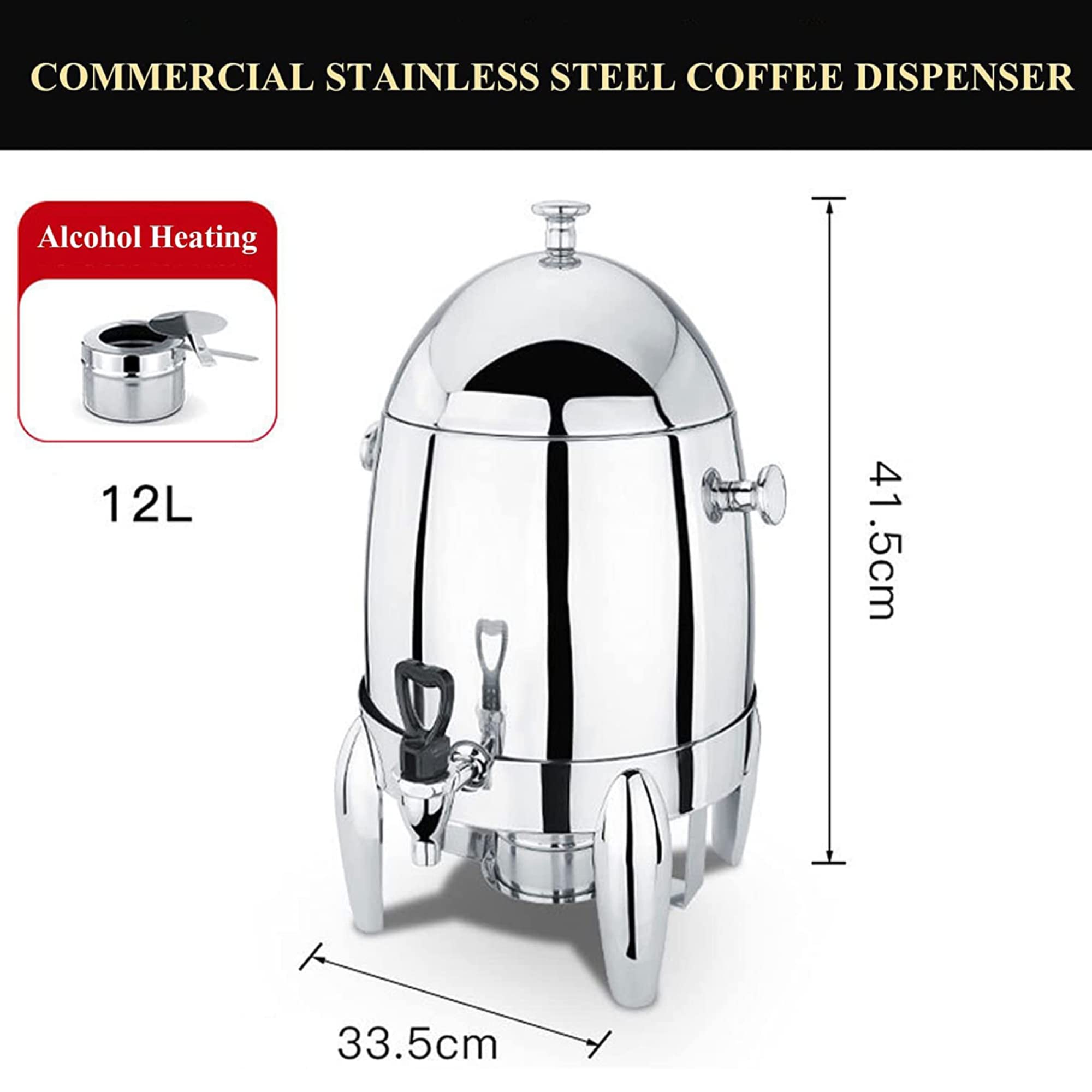 Urna Comercial para Café de 3 Galones, Dispensador de Bebidas Calientes de Acero Inoxidable con Tapa, Grifo Y Soporte para Combustible para Hoteles, Buffets Y Eventos con Catering/Transparent