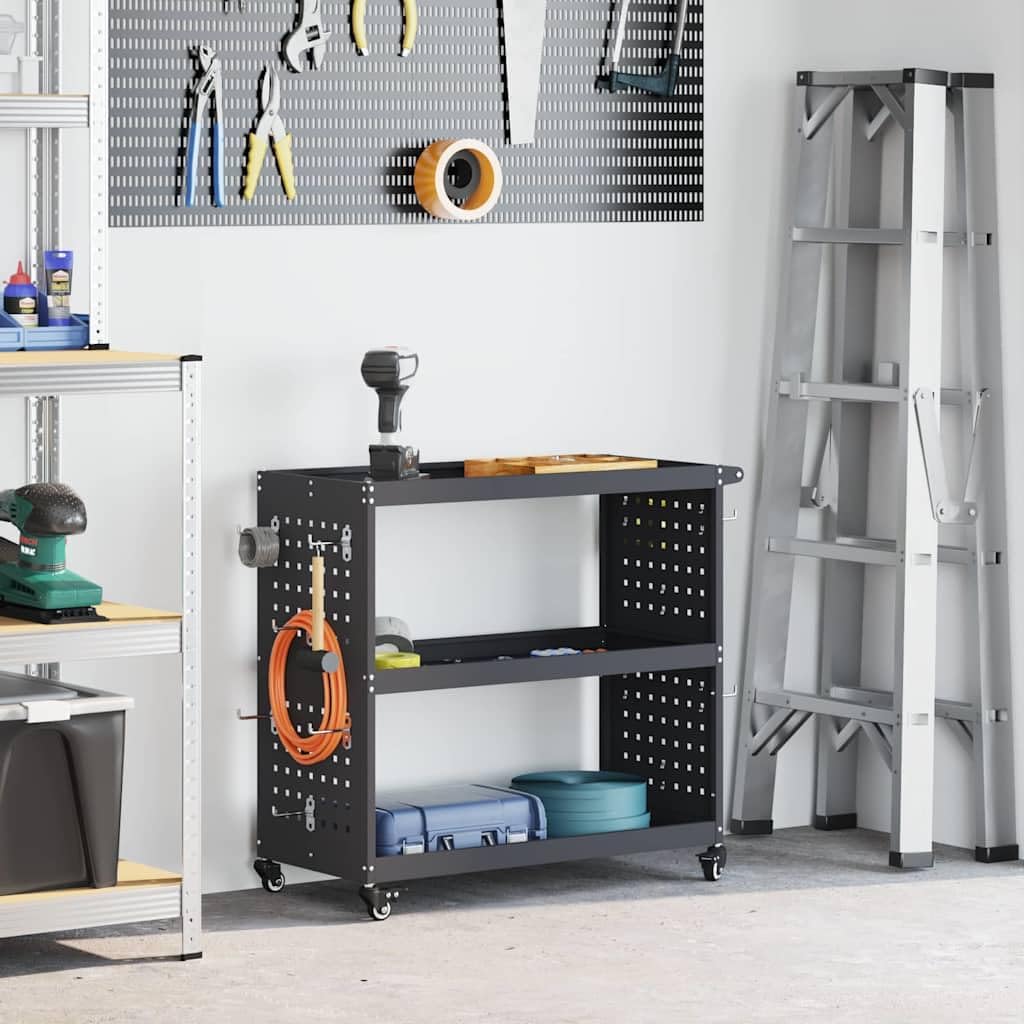 Carrello portautensili antracite in acciaio laminato a freddo, 75 x 35 x 73 cm, con 3 ripiani e 12 ganci, ruote bloccabili per officina e garage