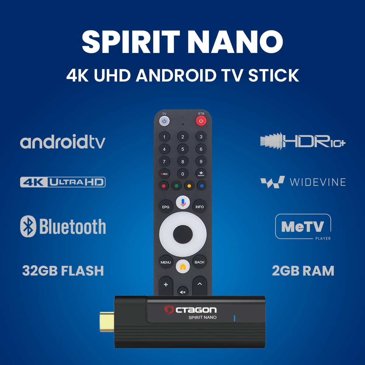 OCTAGON Spirit Nano 4K UHD Android TV Stick, HDR10+, 2 GB RAM, 32 GB, Bluetooth Remote, Wi-Fi IP Receiver