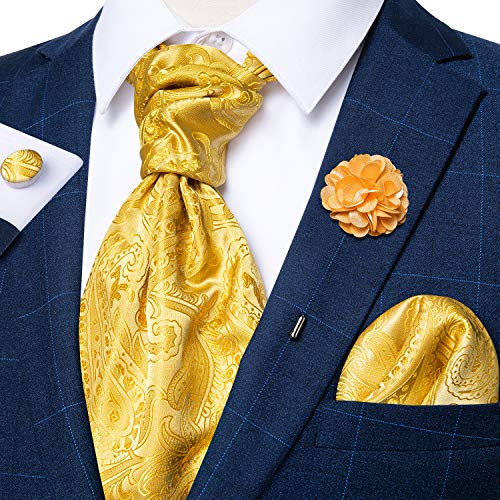 Dibangu Gold Paisley Cravat Ascot Ties For Men With Pocket Square Cufflinks Floral Laple Pin Silk Ascot Set Wedding Party #TOP2