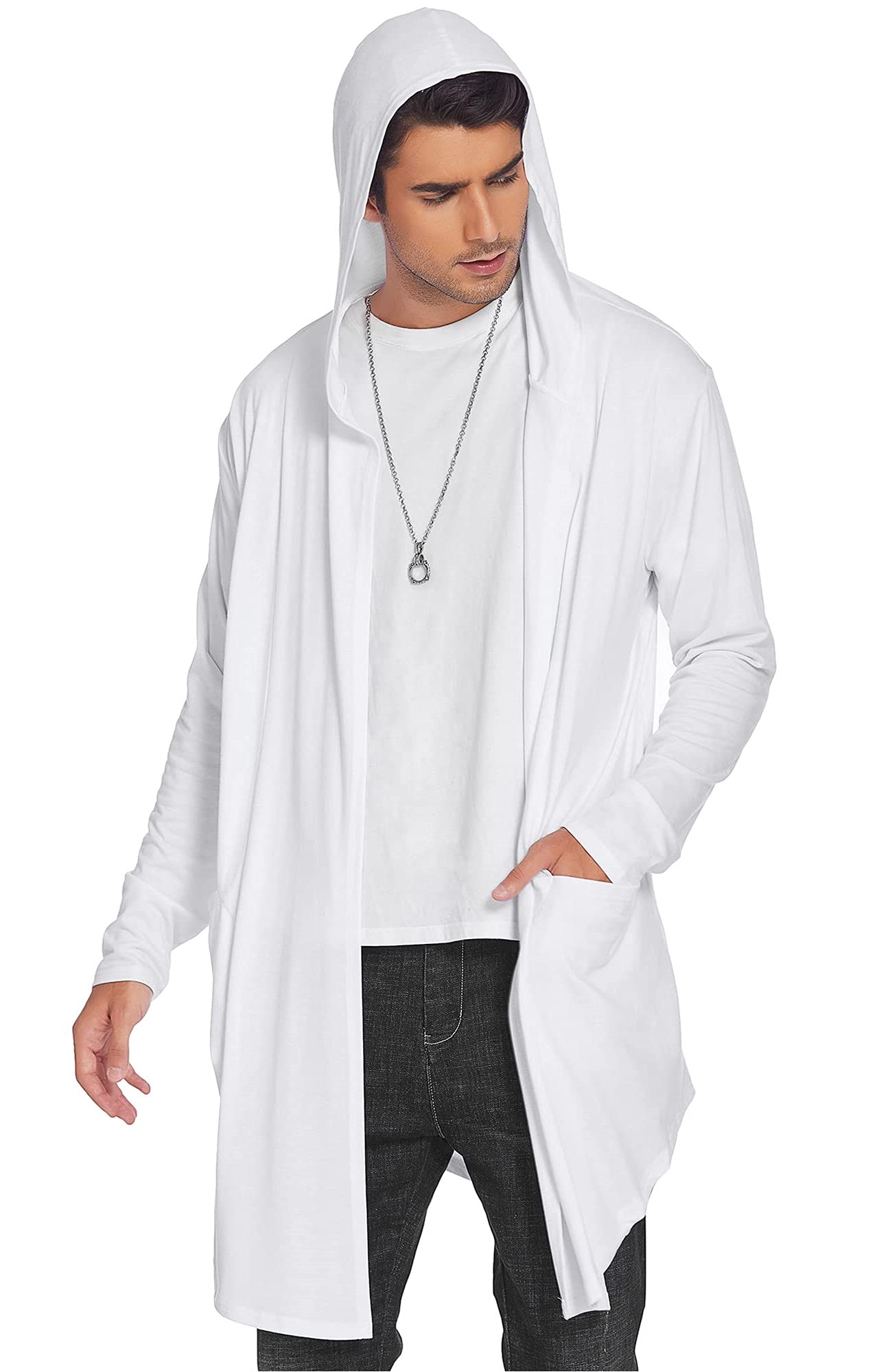 COOFANDYMen's Long Hooded Cardigan Shawl Collar Lightweight Open Front Drape Cape Overcoat with Pockets