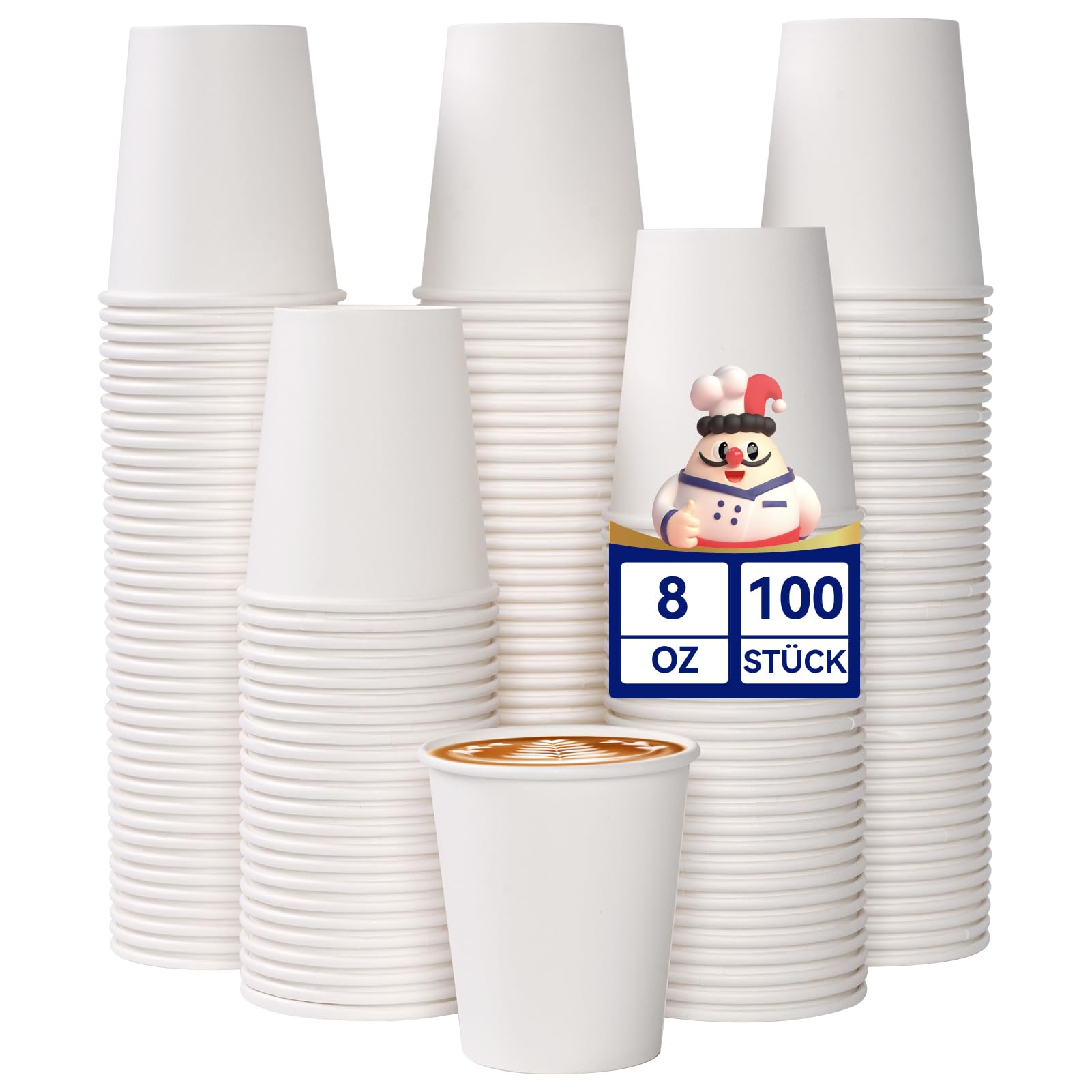 JOLLY CHEF 100 Stück Einweg-Pappbecher 240ml/8oz Weiße | Robuste, Auslaufsichere Einwegbecher, Kaffeebecher, Für kalte & heiße Getränke, Ideal Für Büros, Partys, Picknick