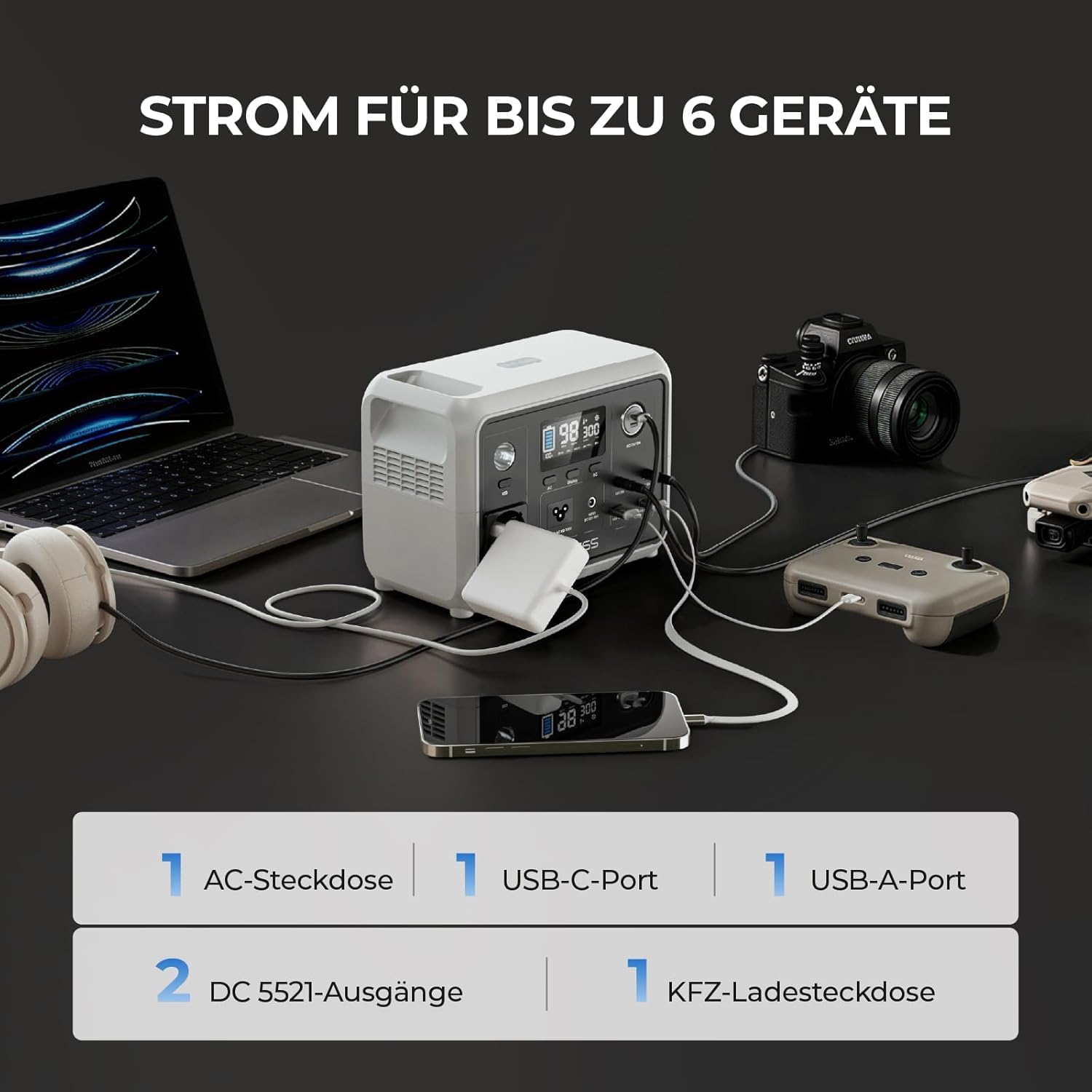 Dyness Power Station portatile da 300 W, batteria LiFePO4, presa elettrica portatile, 256 Wh, con 6 uscite e 4 opzioni di ricarica, alimentazione di emergenza per campeggio, camper, viaggi e emergenze