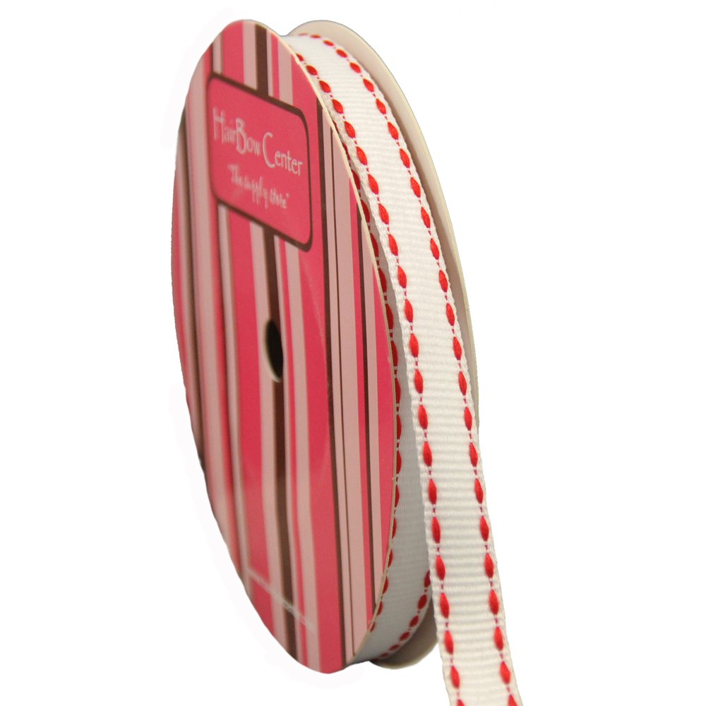 HairBow Center LLC 3/8" White w/ Red Saddle-Stitch Grosgrain Ribbon 10yd