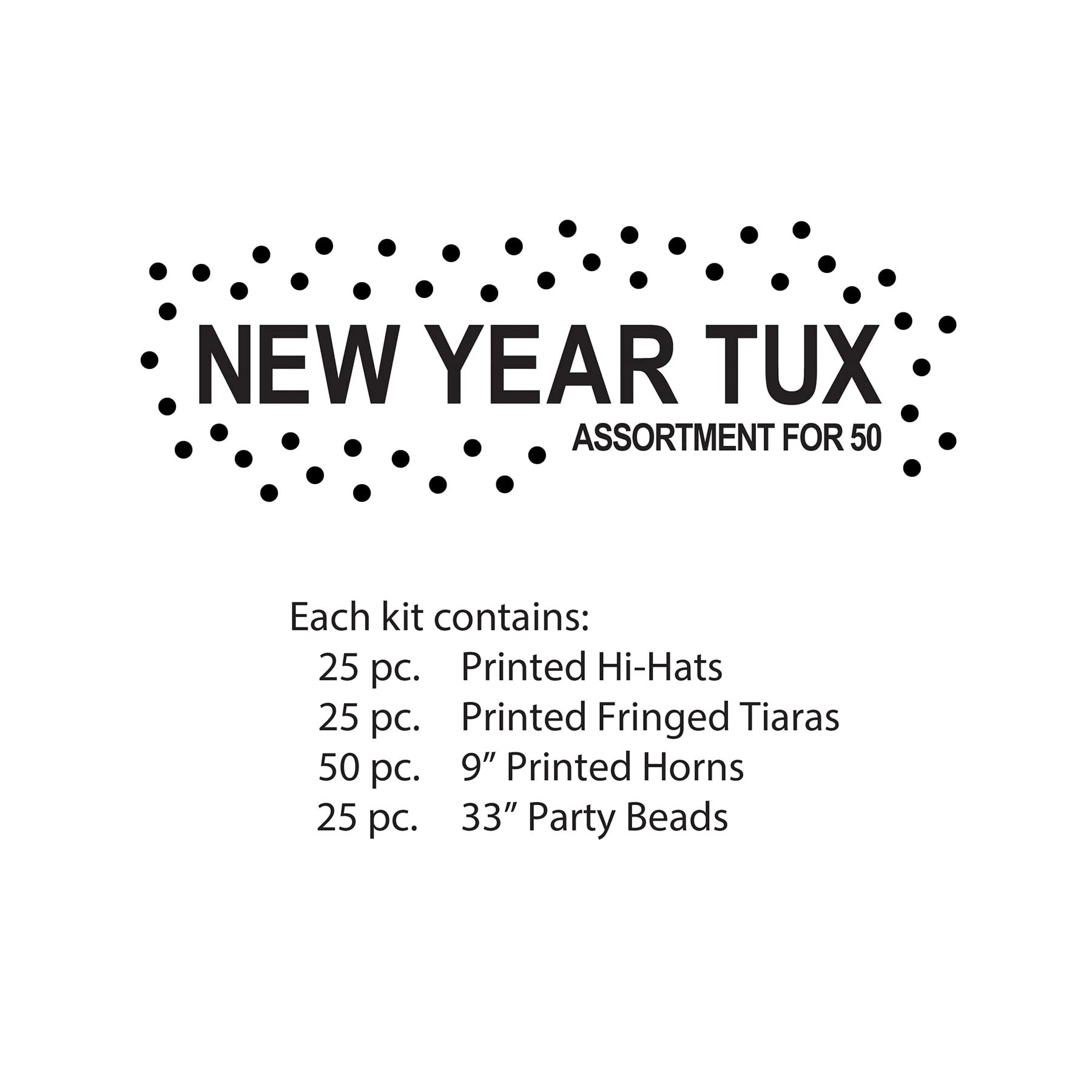 Beistle 80372-50 - Surtido de esmoquin para Nochevieja para 50 personas, suministros de fiesta, sombreros, tiaras, cuernos, cuentas, papel de plástico, negro/blanco