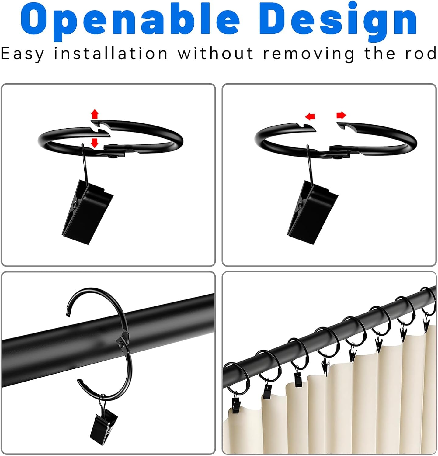 40 Pack 2 Inches Openable Curtain Rings with Clips, Drapery Metal Clip Iron Drapes Hangers Decorative for Windows Rods Rustproof, Black