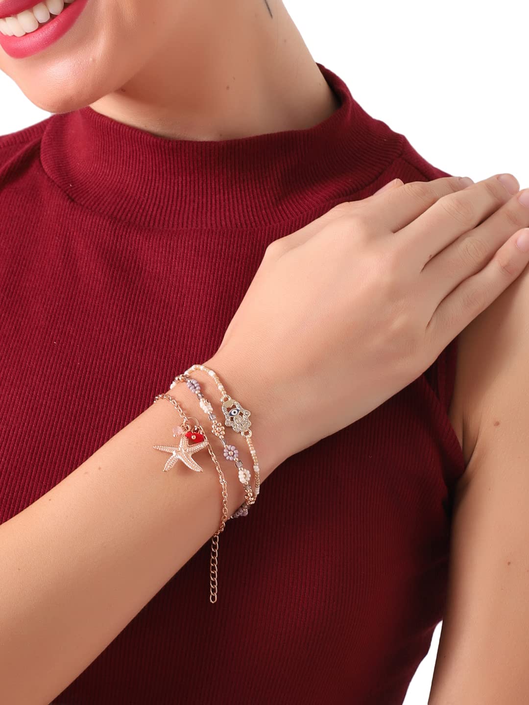 3 Row Flower Star Fish Charm Bracelet