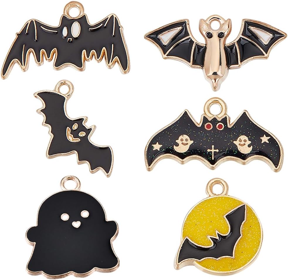 SUNNYCLUE 1 Box 36Pcs 6 Style Bat Charm Bulk Halloween Themed Charm Vampire Spooky Flittermouse Fly Animal Pendants for Jewelry Making Kit Women Adults DIY Bracelet Necklace Earrings Crafts