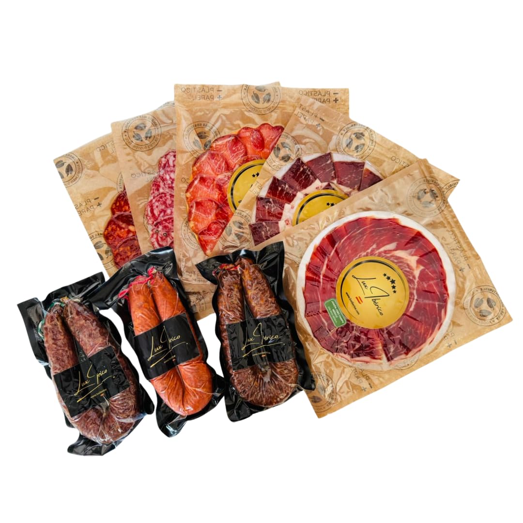 Lux Ibérico | Sabores de España | Caja Regalo Gourmet con Jamón, Lomo, Chorizo y Salchichón Ibérico Loncheado, Morcilla Patatera y Embutido Herradura | Regalo Gourmet