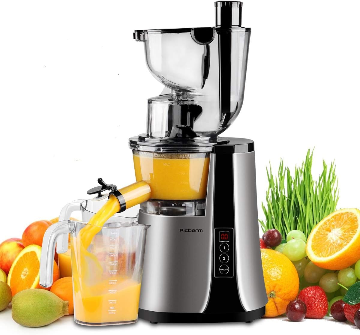 Wide Chute Slow Masticating Juicer Picberm PB2210B Cold Press Juicer Extractor with Two Speed Modes, Juicer Machine for Higher Nutrient Fruit and Vegetable Juice, Quiet Motor & BPA-FREE
