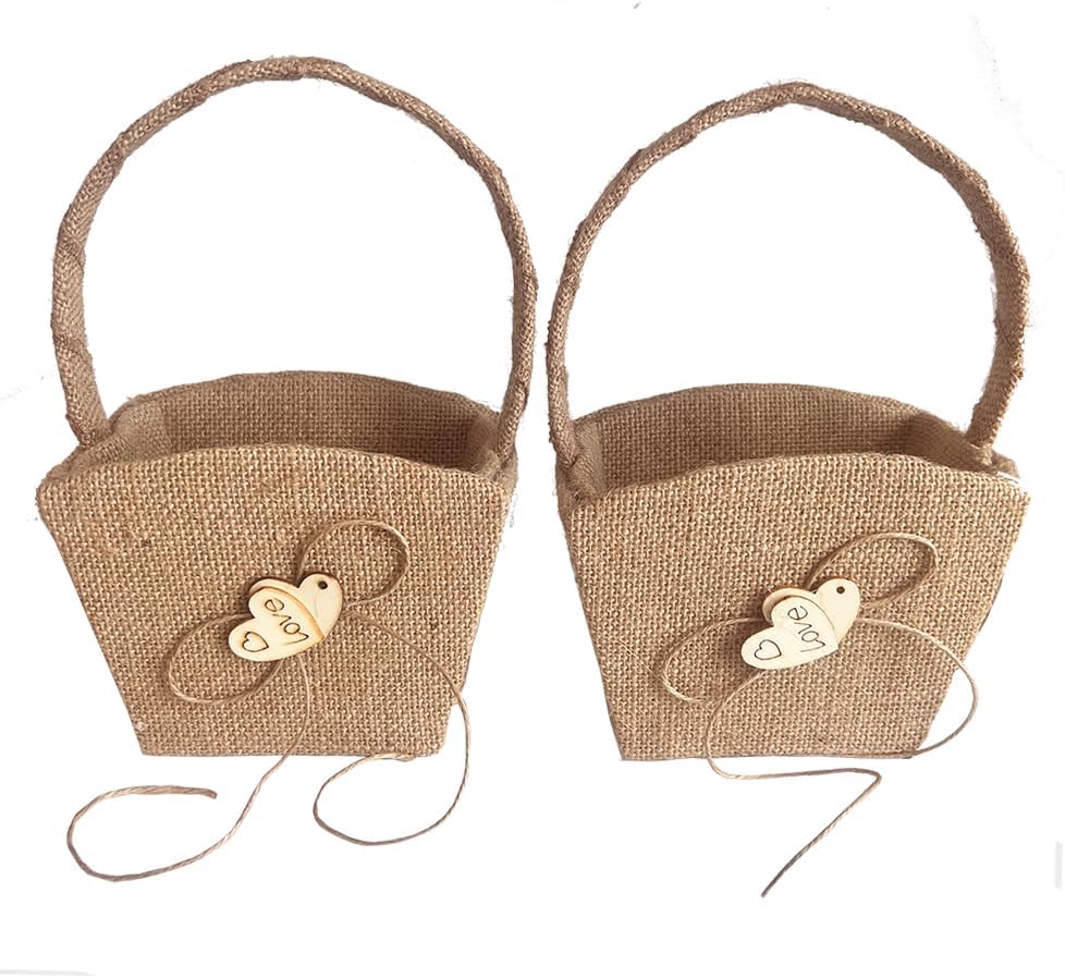 2PCS Rustic Burlap Flower Girl Baskets with Bowknot, Double Heart Basket for Vintage Rustic Wedding Ceremony