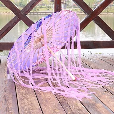 TOMYEUS Fairy Hanfu Umbrella Ribbon Umbrella Oiled Paper Umbrella Tassels Woman Umbrella Flower Photography Props Cosplay-Beige Cover