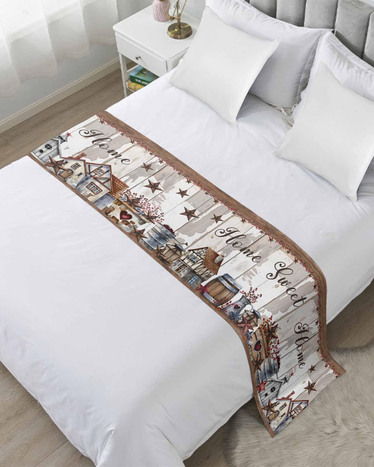Bed Runner Barn Star Sweet Home Bedding Scarves Soft Bed Flag Berry Vintage Wood Grain Bed Runners for Cal King Size Bed Home Hotel Bedroom Decor Bed Throws for Foot of Bed Scarf Protector 20x102