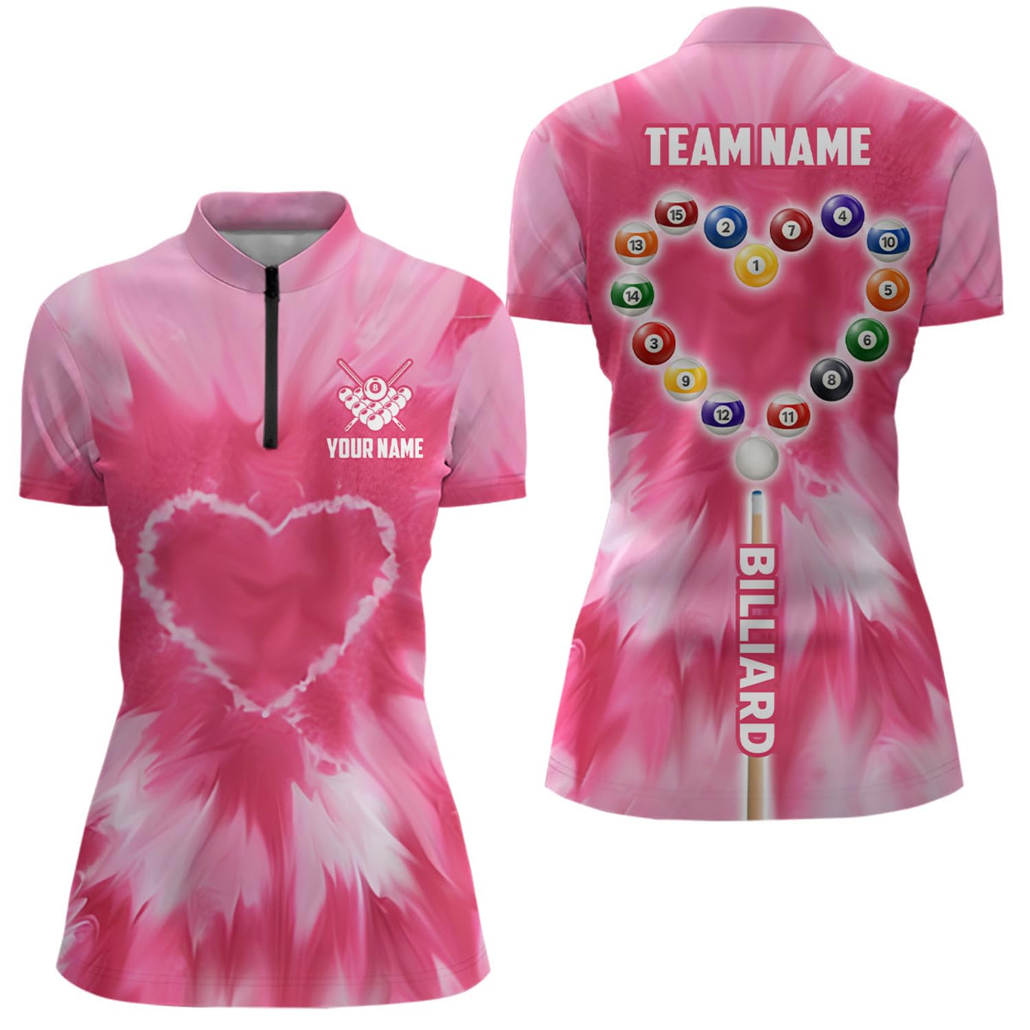 Outfitsuche Personalized Pink Tie Dye Heart Billiard Women Quarter Zip Shirt Billiard Valentines Shirts T0924