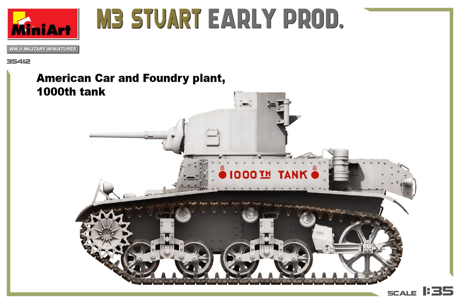Mini Art 35412 1:35 M3 Stuart. Wczesna produkcja - wierna replika, modelarstwo, plastikowy zestaw do budowania, majsterkowanie, hobby, klejenie, zestaw modelarski, montaż, nielakierowany