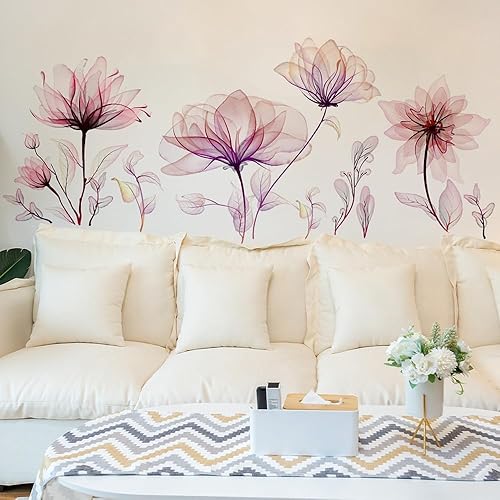 Pegatinas de pared con flores rosadas, mural de pared grande floral para dormitorio de niñas, sala de estar, TV, decoración de pared