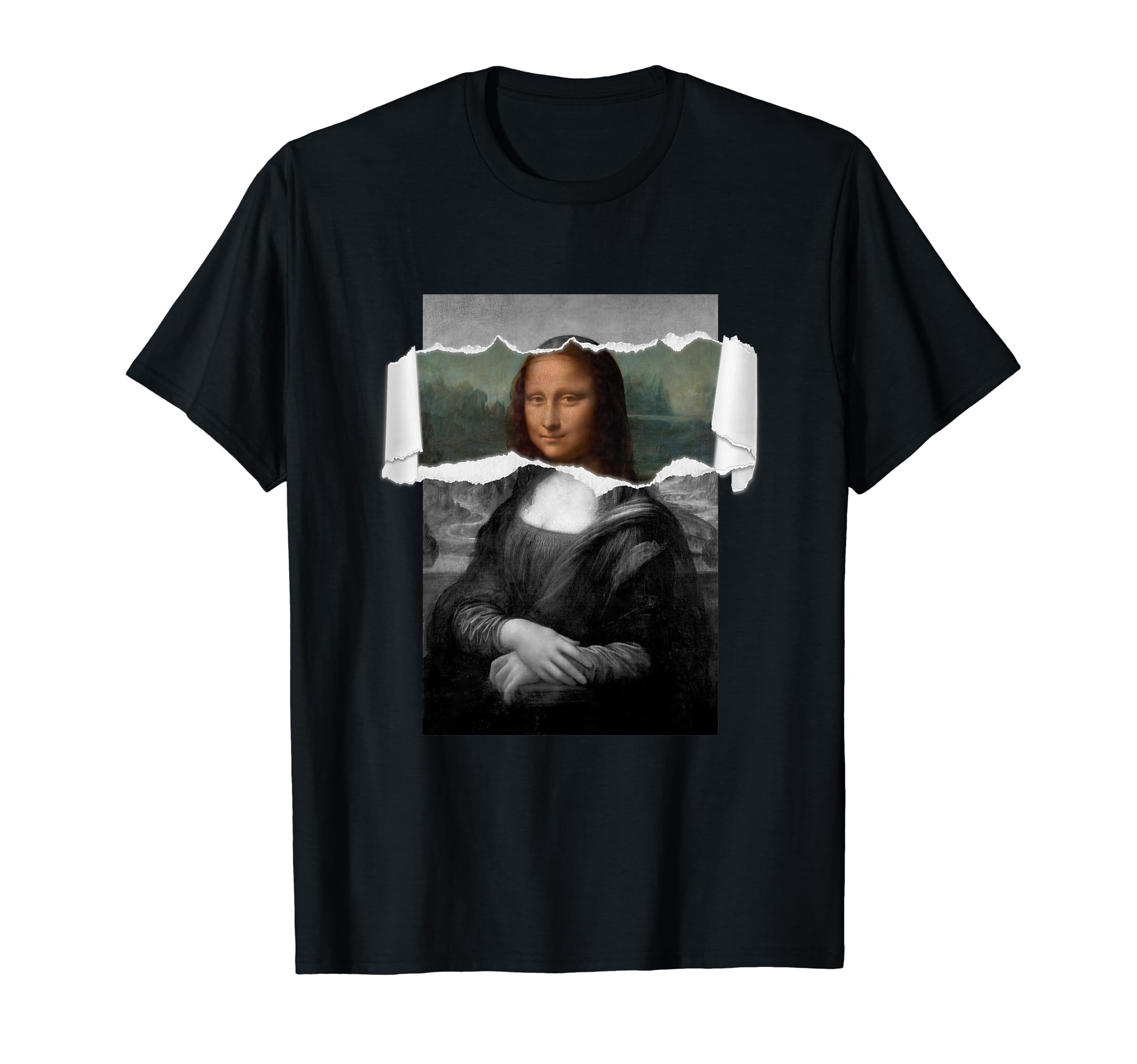 Leonardo DaVinci RenaissanceMonaLisa Torn Paper Effect Art Parody Design T-Shirt, Small, Black