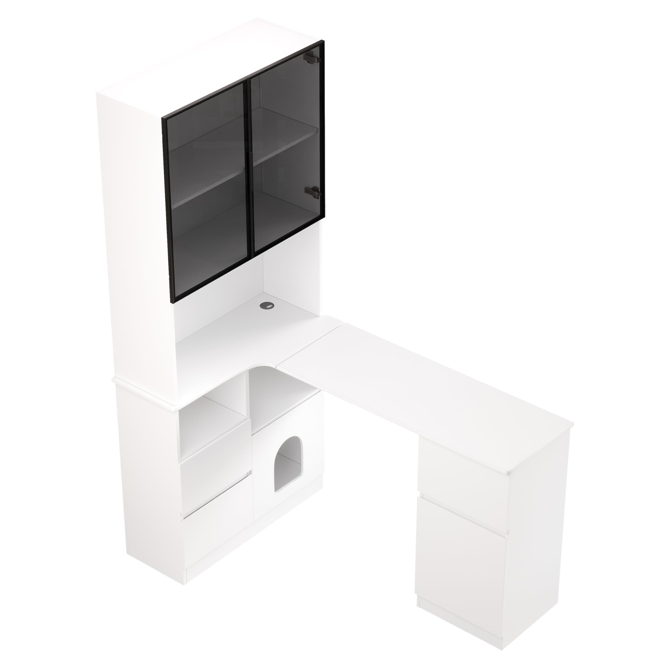 Scrivania angolare con ripiano e vetrina a LED, 120 x 80 x 180 cm, scrivania per computer con passacavi, 3 cassetti e 2 ante, libreria con scomparti aperti e scomparto per animali domestici, per casa