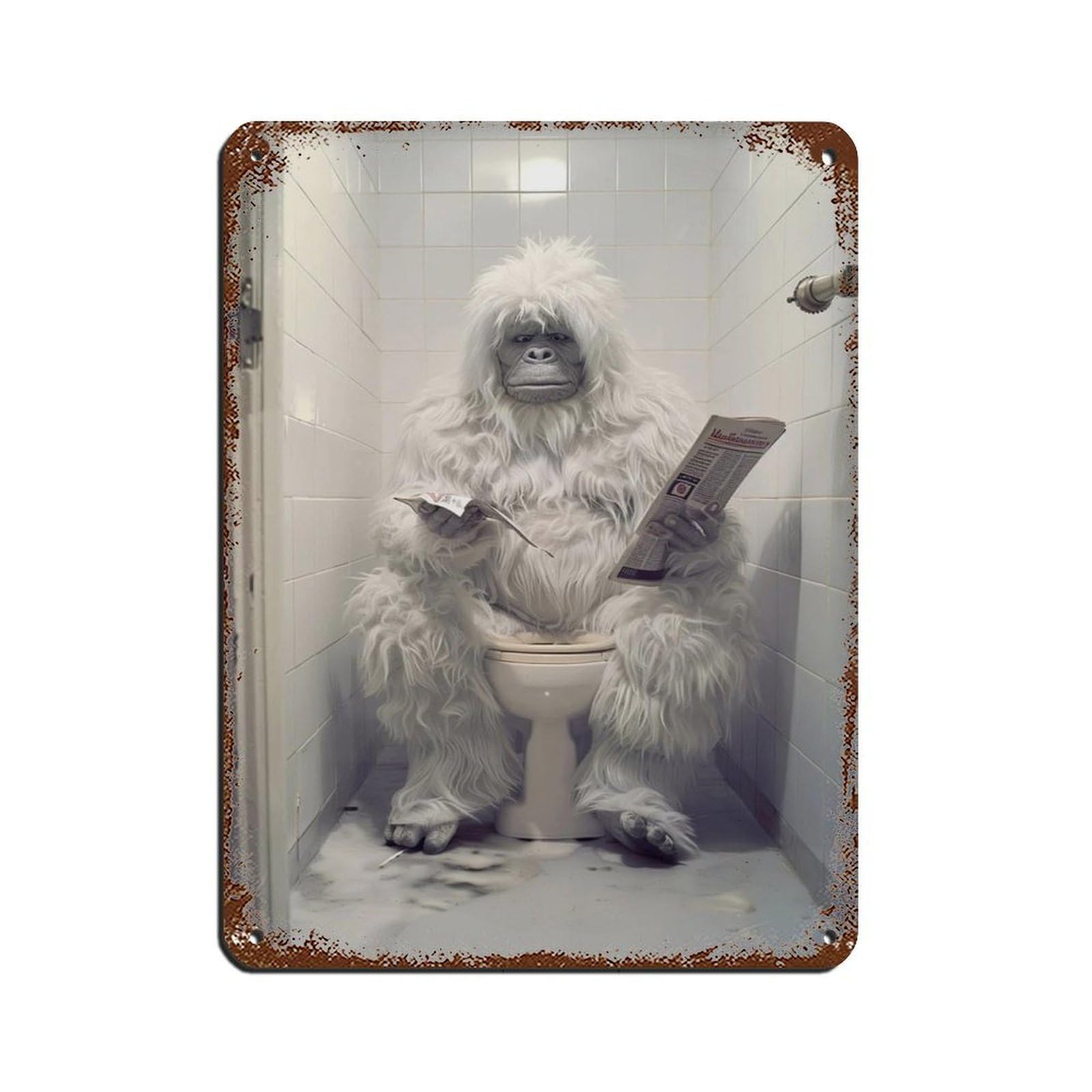 Yeti Sitting on The Toilet Reading A Newspaper (2) Retro Poster Metal Tin Sign Chic Art Retro Iron Painting Bar People Cave Cafe Family Garage Poster Wall Decoration 12x16inch(30x40cm)
