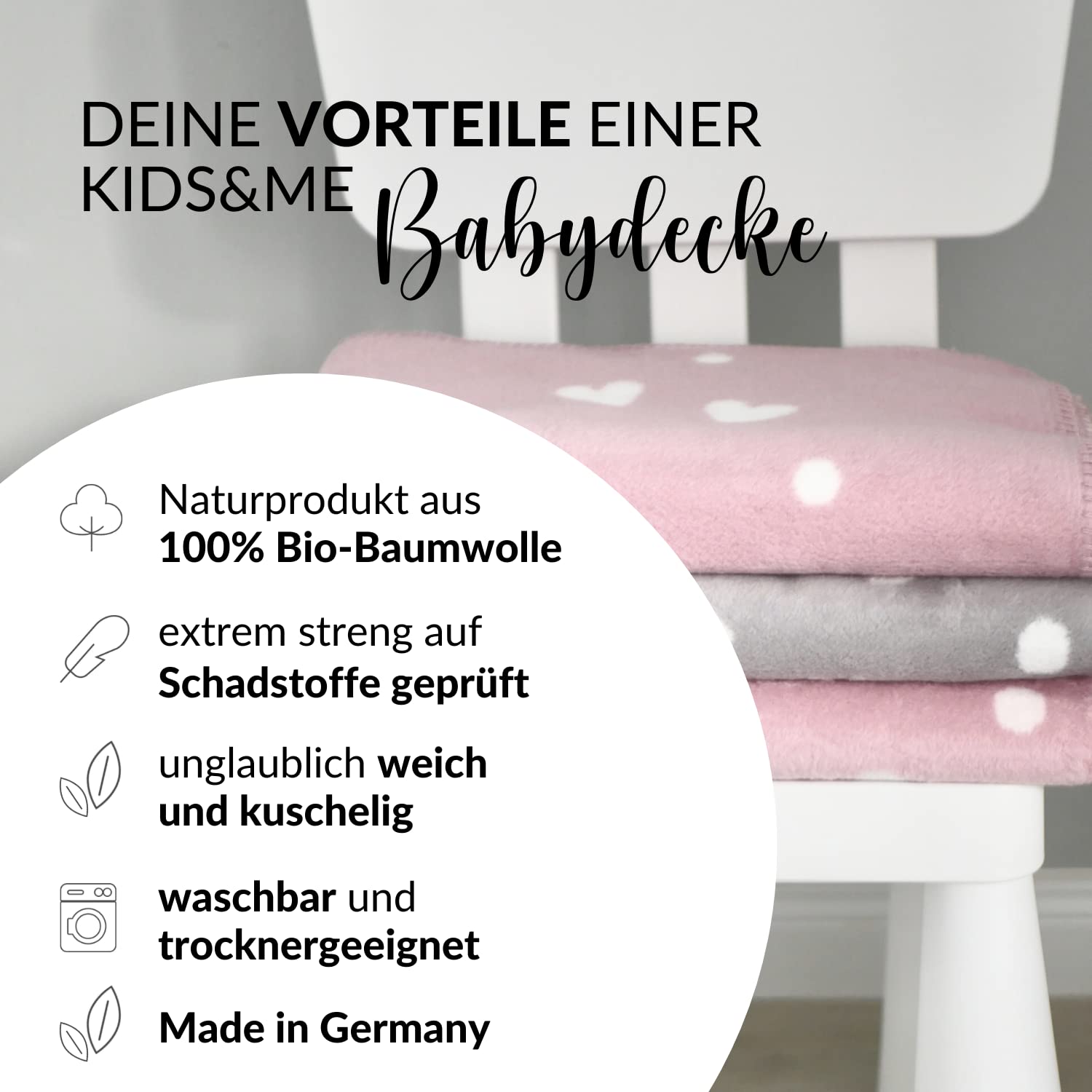 kids&me kuschelige Babydecke für Mädchen 70x100cm - OEKO-TEX - hautfreundliche Bio-Baumwolle - rosa Mädchendecke mit Herzen und Punkten MADE IN GERMANY 70x100 cm