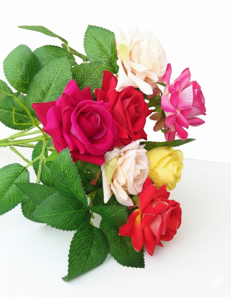- Artificial Rose Flower Bunch/Artificial Plants, Fabric Rose for Decoration (7 Nos, Vase not Included)