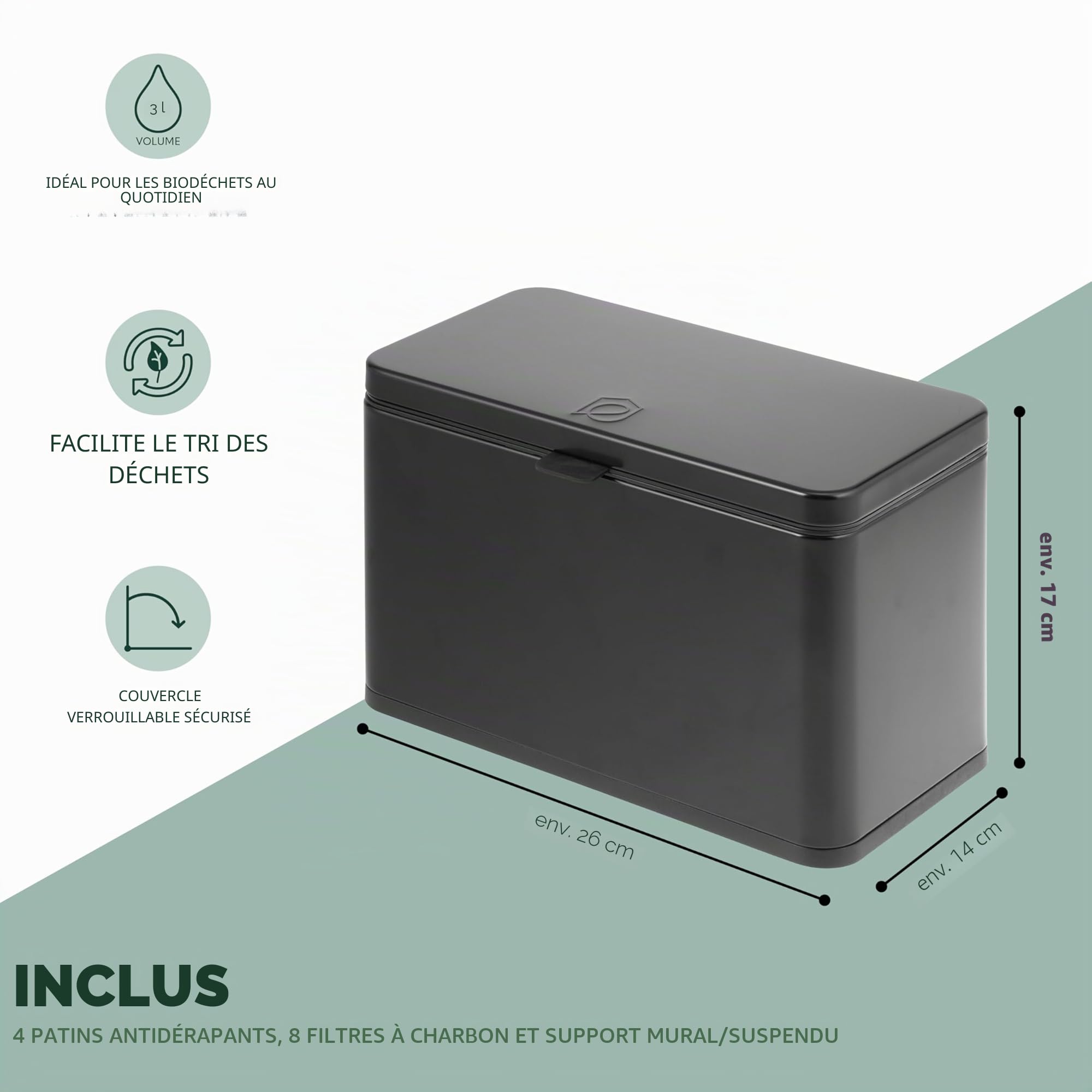 eluno Poubelle Bio 3 l avec Filtre Anti-odeurs, à Suspendre, Poser ou Coller, Seau à Compost, 3 Modes de Montage (Noir)