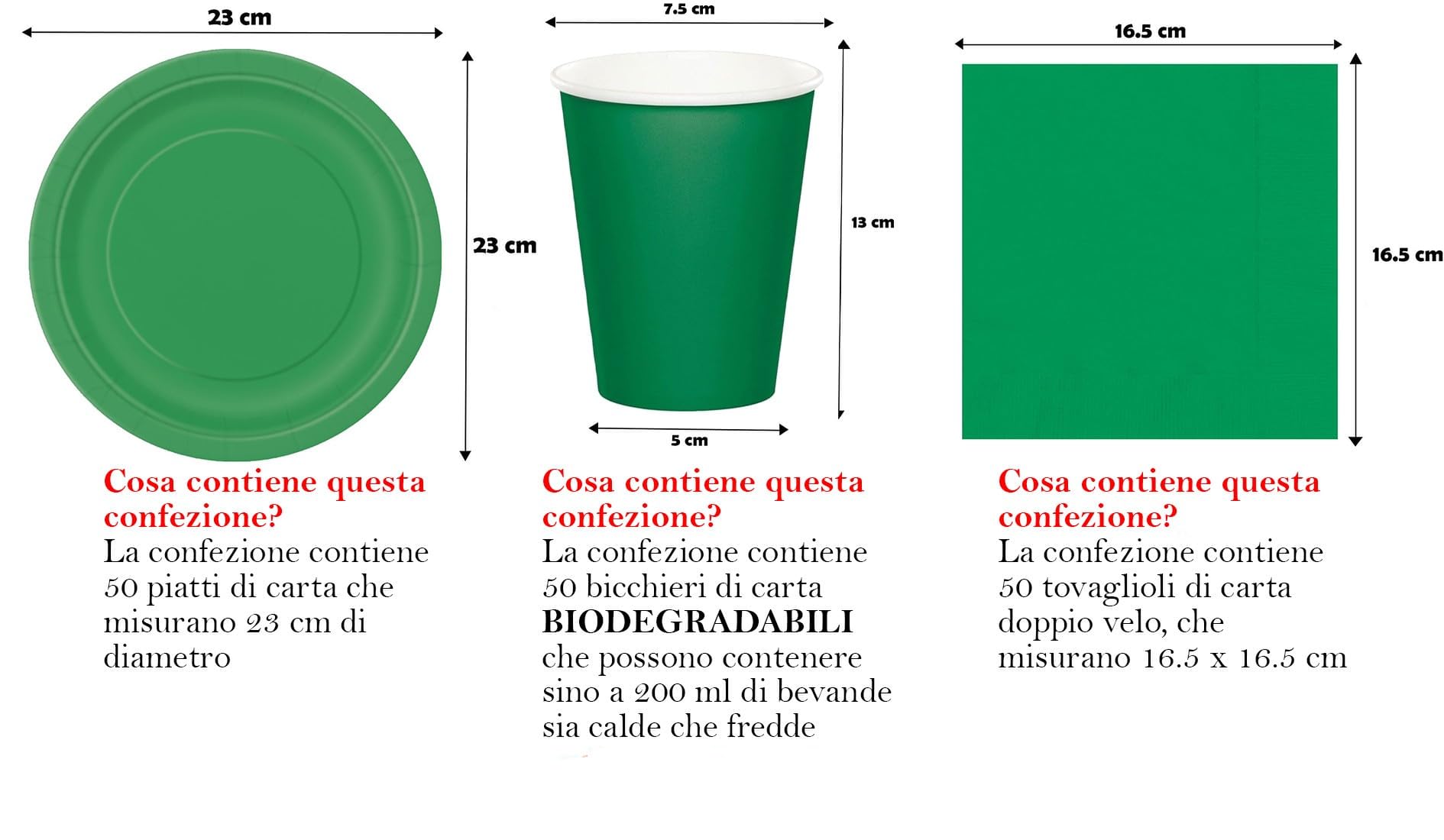 Kit festa di compleanno tinta unita color Verde smeraldo per 50 persone eco-friendly (50 piatti di carta ⌀ 23 cm, 50 bicchieri di carta 200 ml, 50 tovaglioli di carta 33x33 cm)