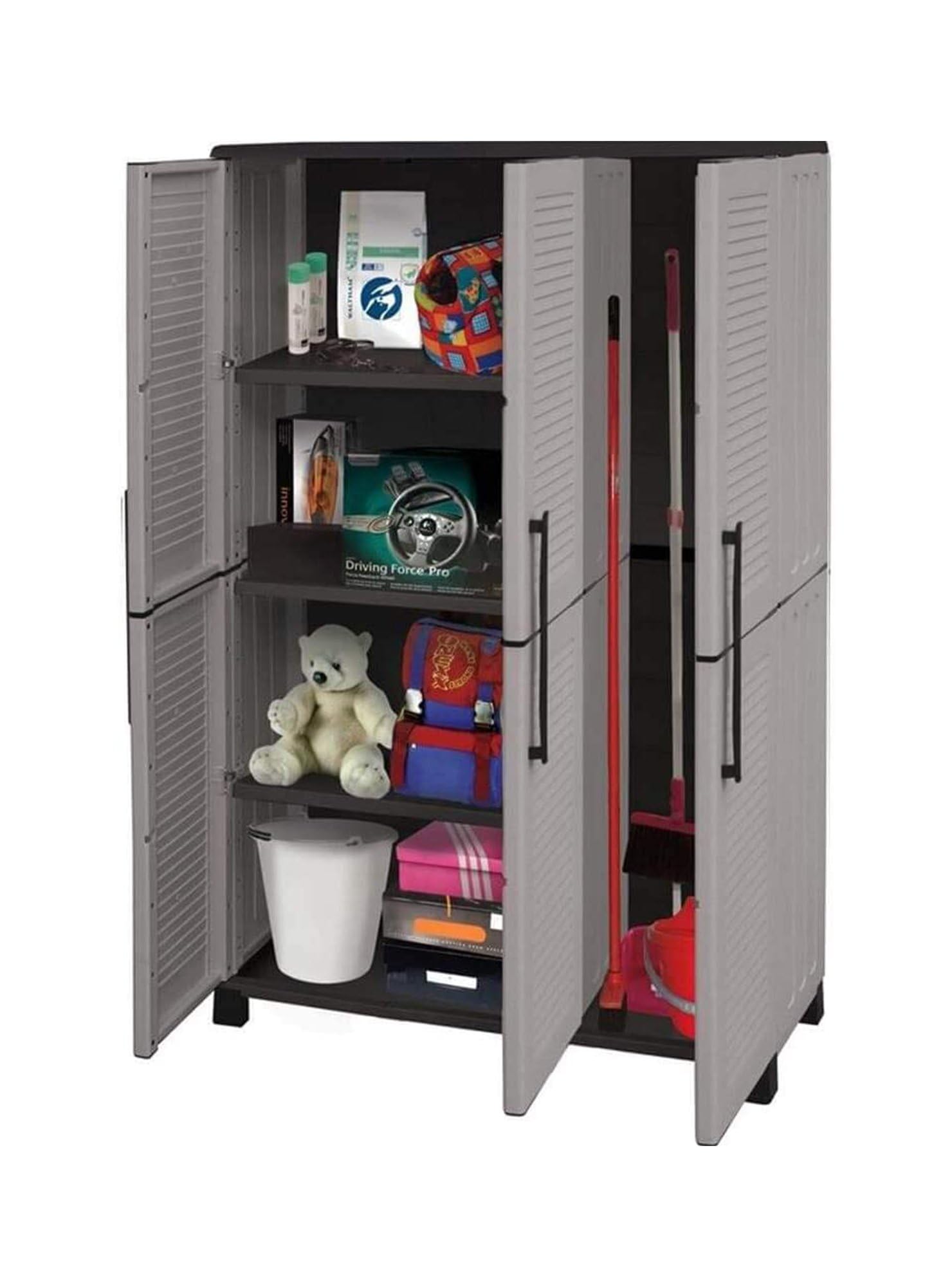 Dmora - Armoire d'extérieur Nandrin, meuble porte-balais, 3 portes, 100% Made in Italy, 102x37h169 cm, gris clair et noir, finition rayée