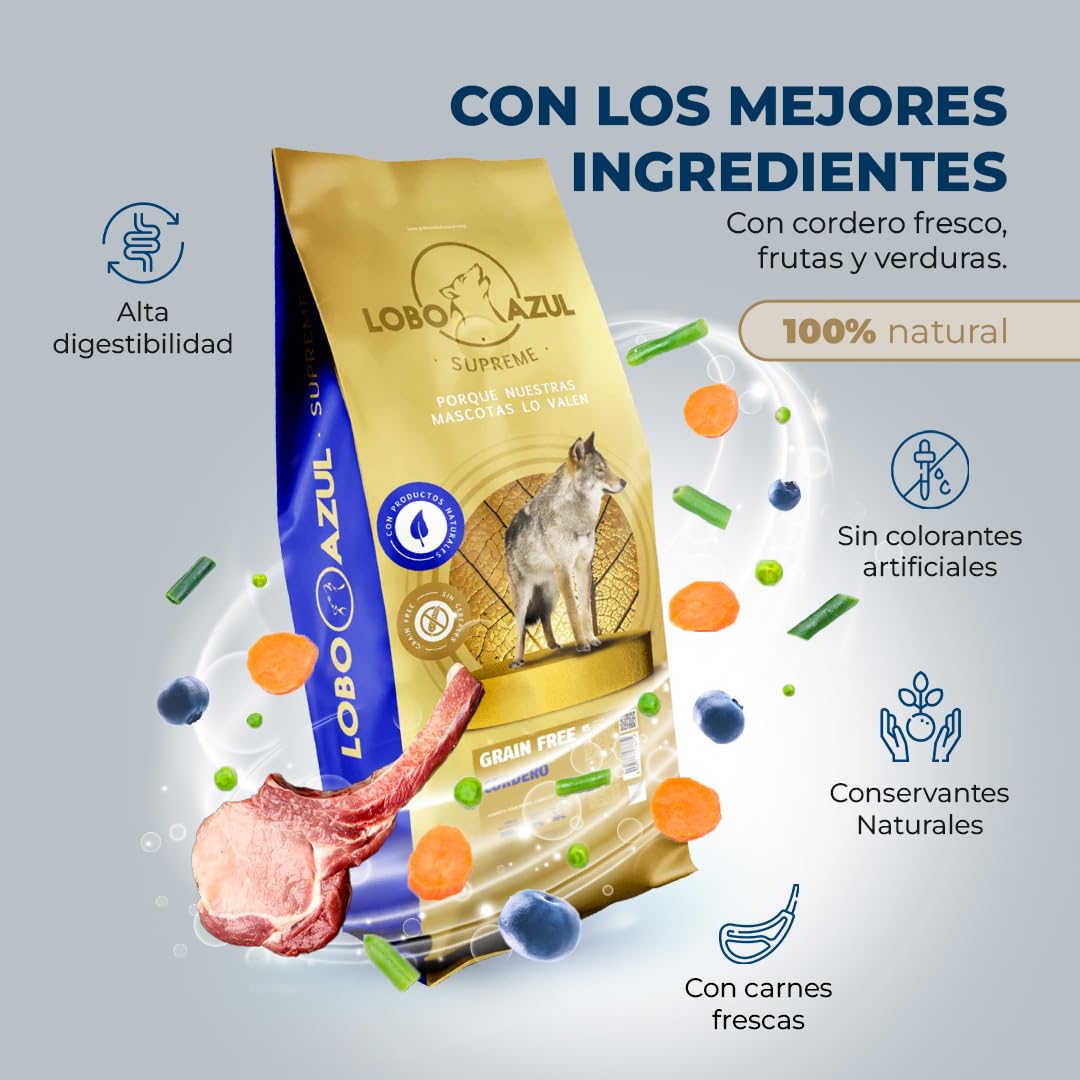 Pienso para Perros Adultos sin Cereales de Cordero Fresco - Alimento Natural e Hipoalergénico, Monoprotéico para Perros con Alta Actividad Física - Grain Free - 12kg - Lobo Azul Cordero