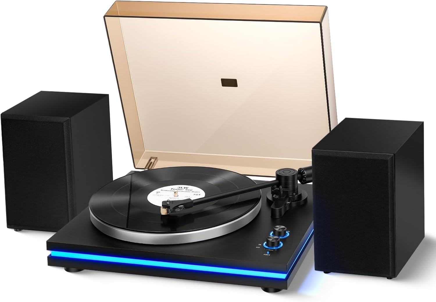 Vangoa Vinyl Record Player with 40W Speakers, Belt-Drive Stereo Turntable, Magnetic Cartridge AT-3600L, Aluminum Platter, Hi-Fi, 2 Speed, LED Lighted Modern Bluetooth Turntable for Vinyl, Black