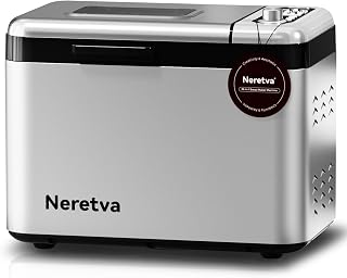 Neretva 3.3LB Bread Maker Machine - 15-in-1 Stainless Steel with Ceramic Pan, Auto Nut Dispenser, Dual Heaters & 15H Timer