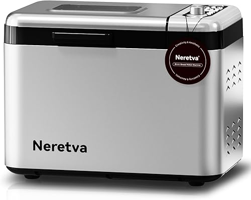 Neretva Máquina para hacer pan, máquina de pan de 3.3 libras más grande de acero inoxidable 15 en 1 y sartén de cerámica antiadherente y dispensador