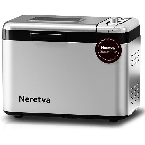 Neretva Bread Maker, 3.3LB Larger Bread Machine 15-in-1 Stainless Steel & Nonstick Ceramic Pan & Auto Nut Dispenser Breadmaker Machines Full Touch Panel with Gluten Free White Wheat Rye French Pizza