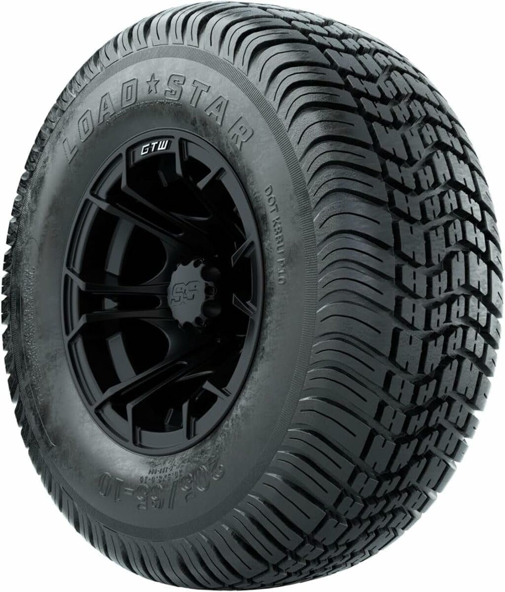 GTW 10 Inch Golf Cart Wheels and Tires Combo | GTW Spyder Matte Black Wheels on 205/65-10 (20.5") Loadstar Street Tires | Set of 4