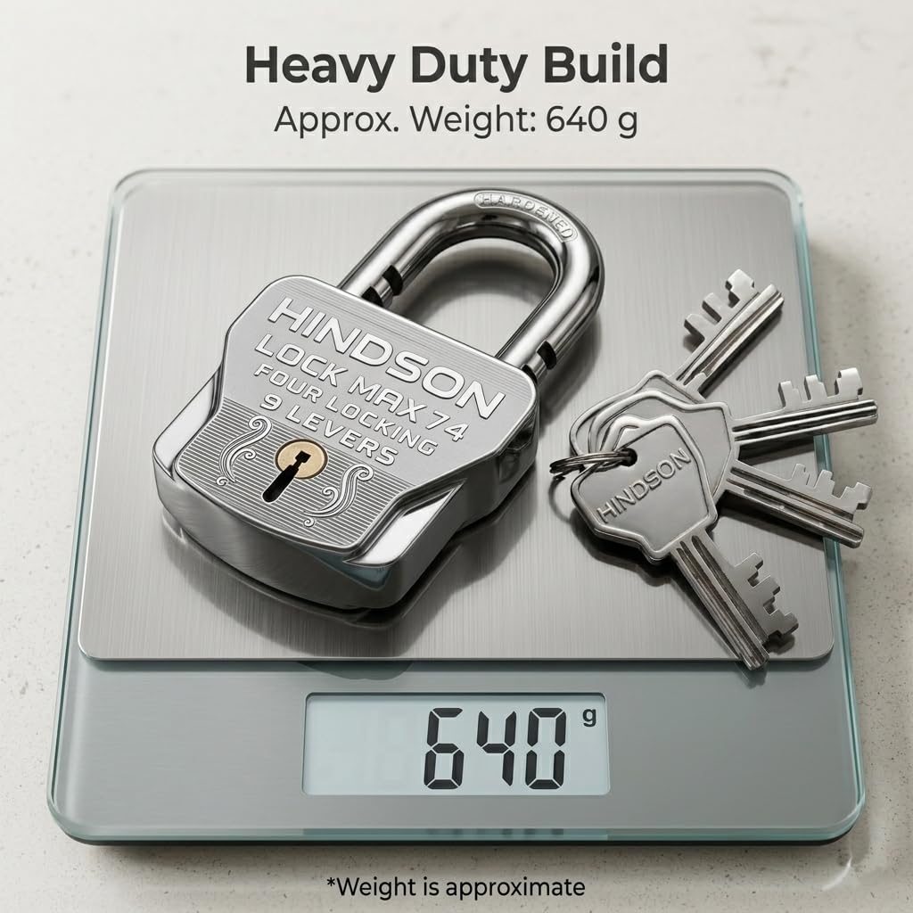 HINDSON 4 Locking Heavy Duty Padlock | Lock MAX 74 | 9 Lever Steel Lock & Key | Chrome Finish Big Size 610g Approx Padlock with 4 Keys for Home, Gate & Shutter Security — Amazon image 8