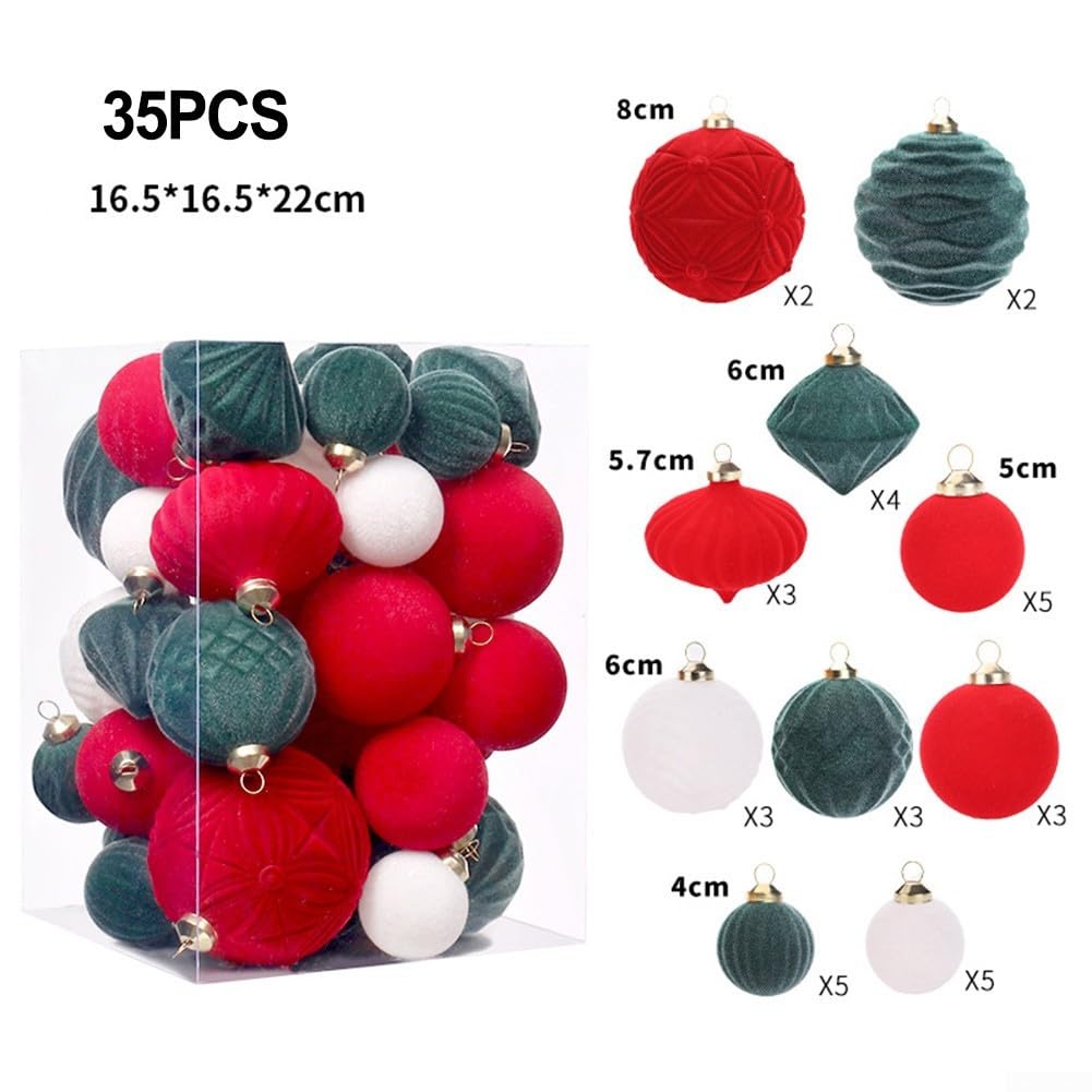Lot de 35 boules de Noël floquées multi-usage parfaitement conçues pour la décoration de sapin et les événements, avec crochets en métal robustes pour un affichage facile (A)