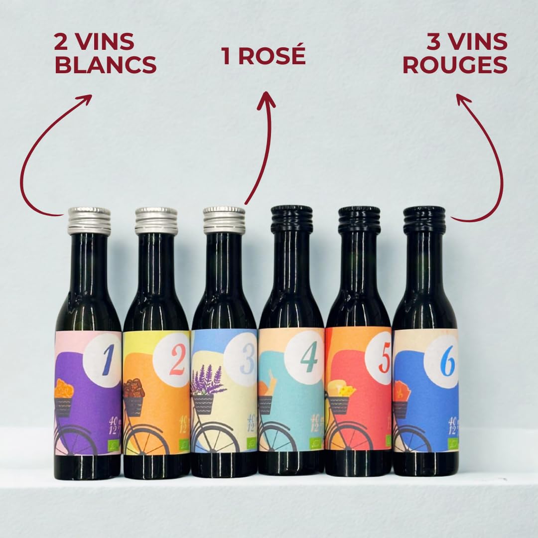Coffret Dégustation 6 Vins Français Bio – Idée Cadeau – Bourgogne, Bordeaux, Alsace, Loire, Rhône, Languedoc – Rouges, Blancs et Rosé – 6 x 40 ml – E-Tasting
