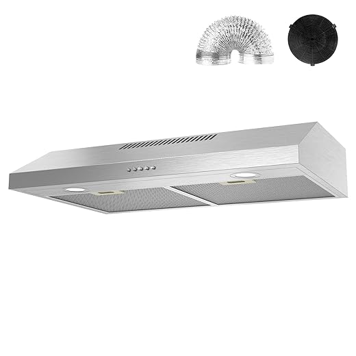 Alemania 30 Inch Under Cabinet Range Hood, Stainless Steel Kitchen Exhaust Fan 300 CFM, Ducted/Ductless Convertible Stove Vent Hood with Charcoal Filter & Aluminum Exhaust Pipe