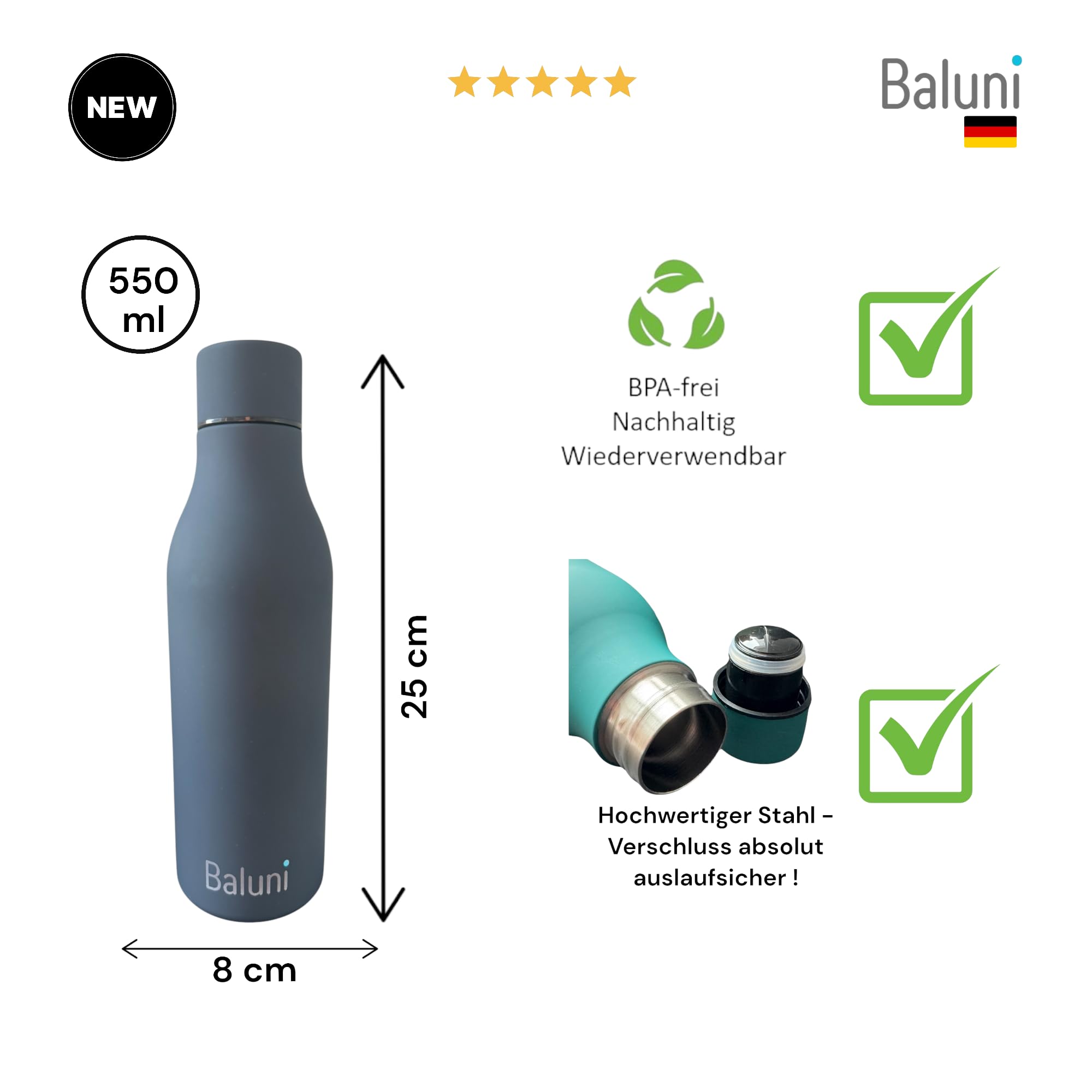 Baluni Gourde | Bouteille Isotherme (acier Inoxydable), Capacité 550 Ml, Inoxydable, Anti-fuite, Sans BPA, Pour Sport, Excursion, école, étude, Pique -nique, Bureau, Garde Chaud Et Froid (saumon